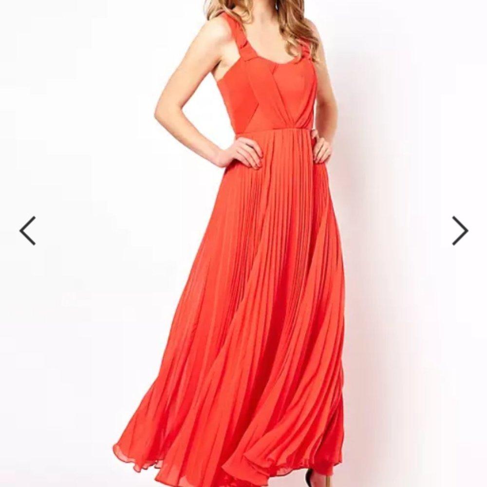 Oasis Pleated Maxi Dress coral red pleated flare